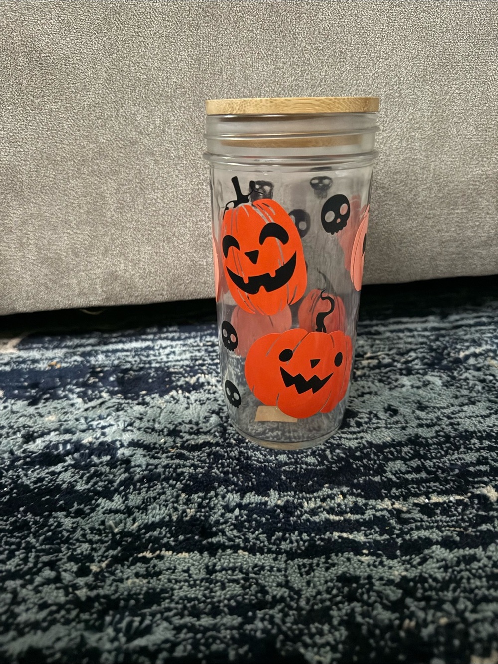 Halloween Glass Jar with Orange Pumpkin Design and Wood Lid